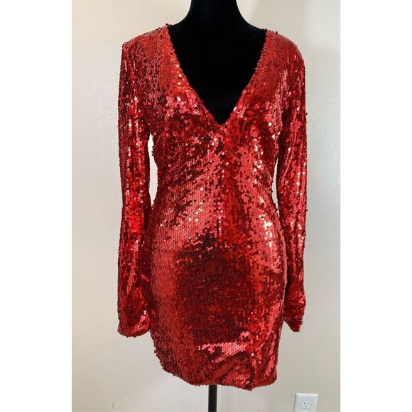 WFFS Wild Nights Red Long Sleeve Sequin V-Neck Mini Lined Dress Women’s Medium - Picture 1 of 9
